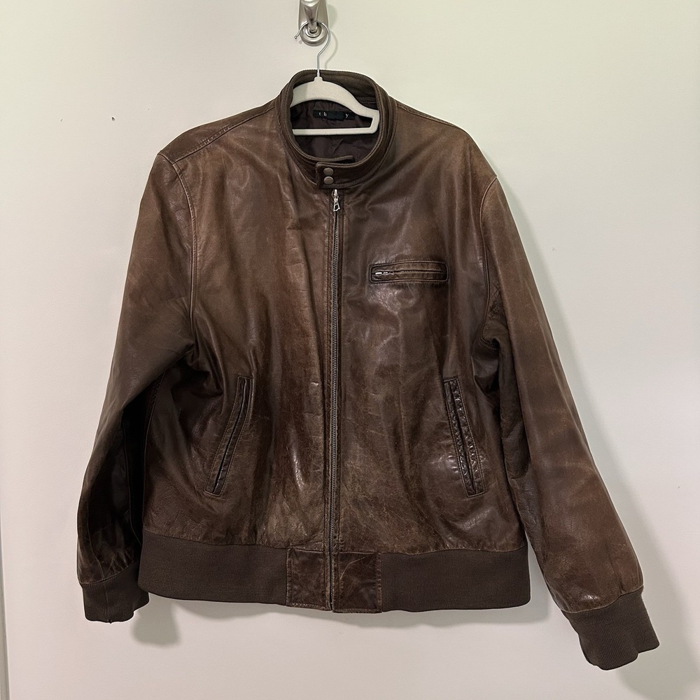 THEORY Leather Jacket Mens XL Brown Heavy Biker Rider Riding Moto Bomber